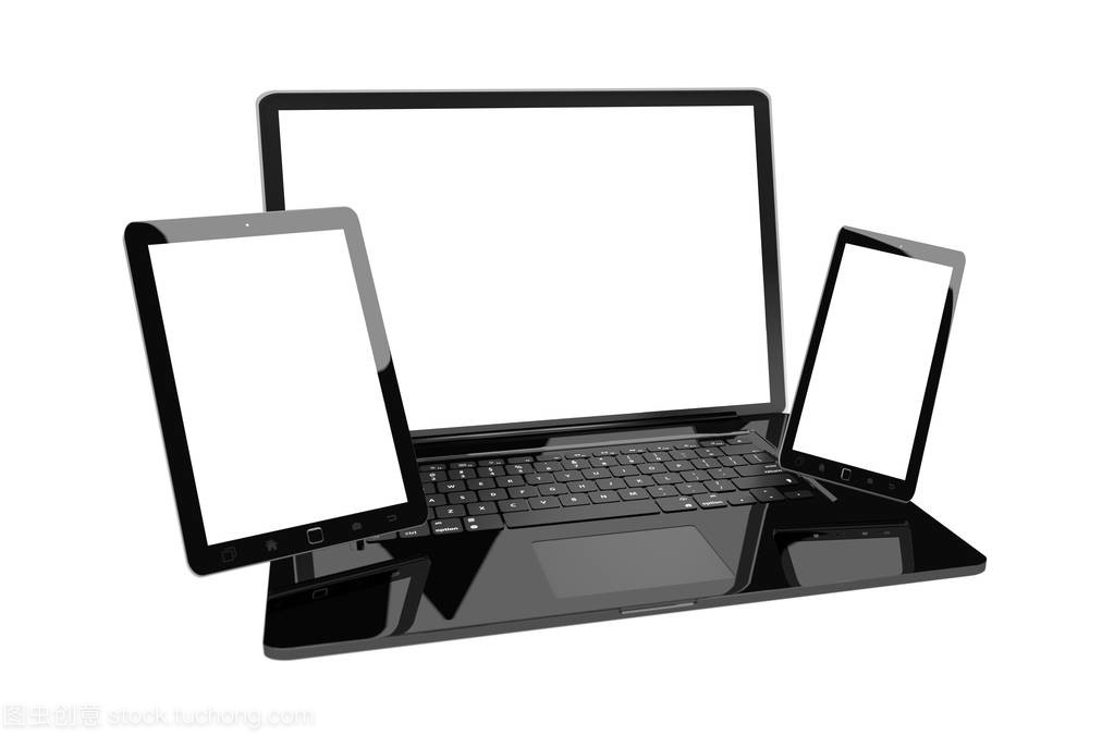 笔记本电脑移动手机和平板电脑相互连接的 3d 渲染